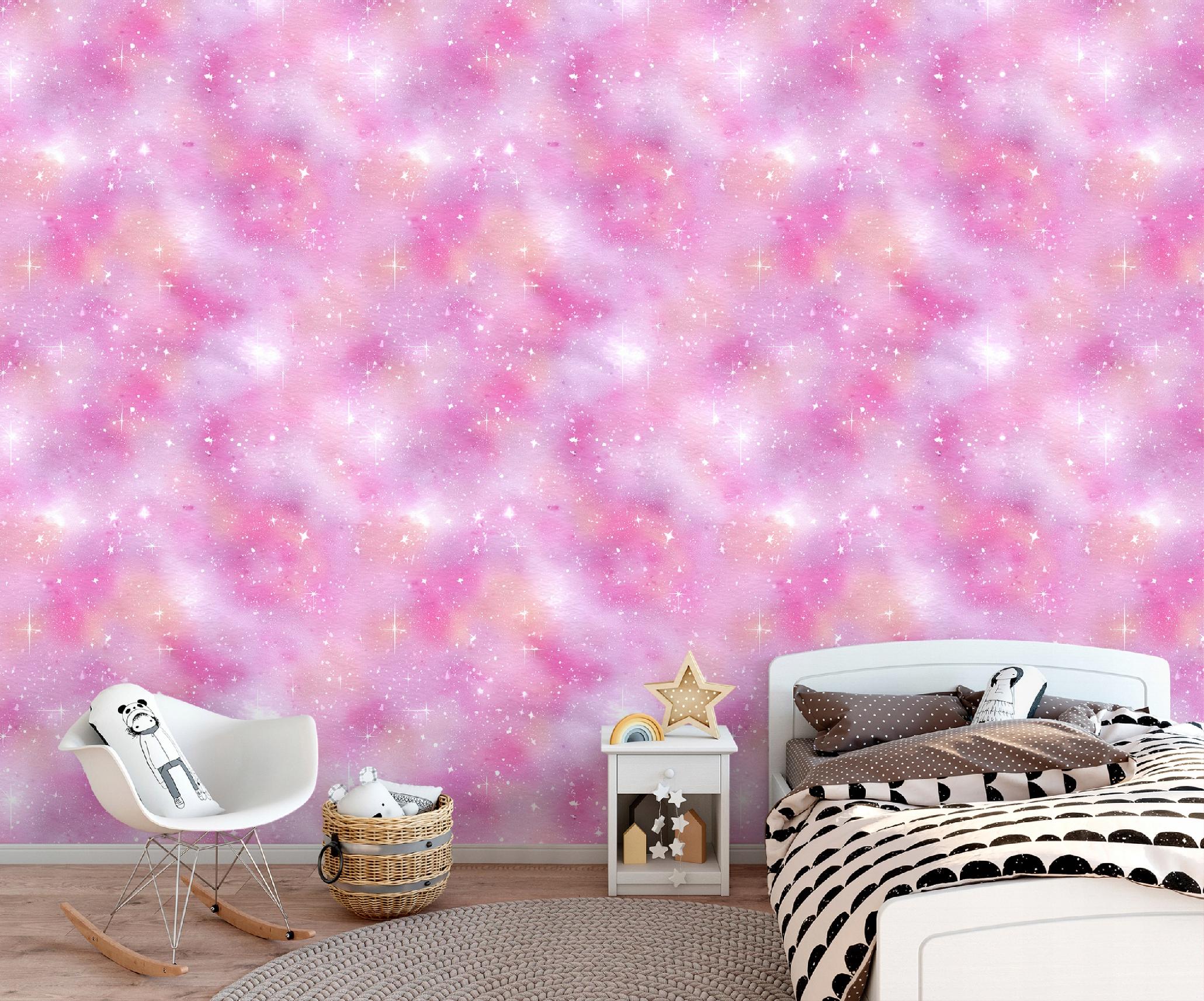 Wallpaper for children featuring pink stars on non-woven fabric for a child's room