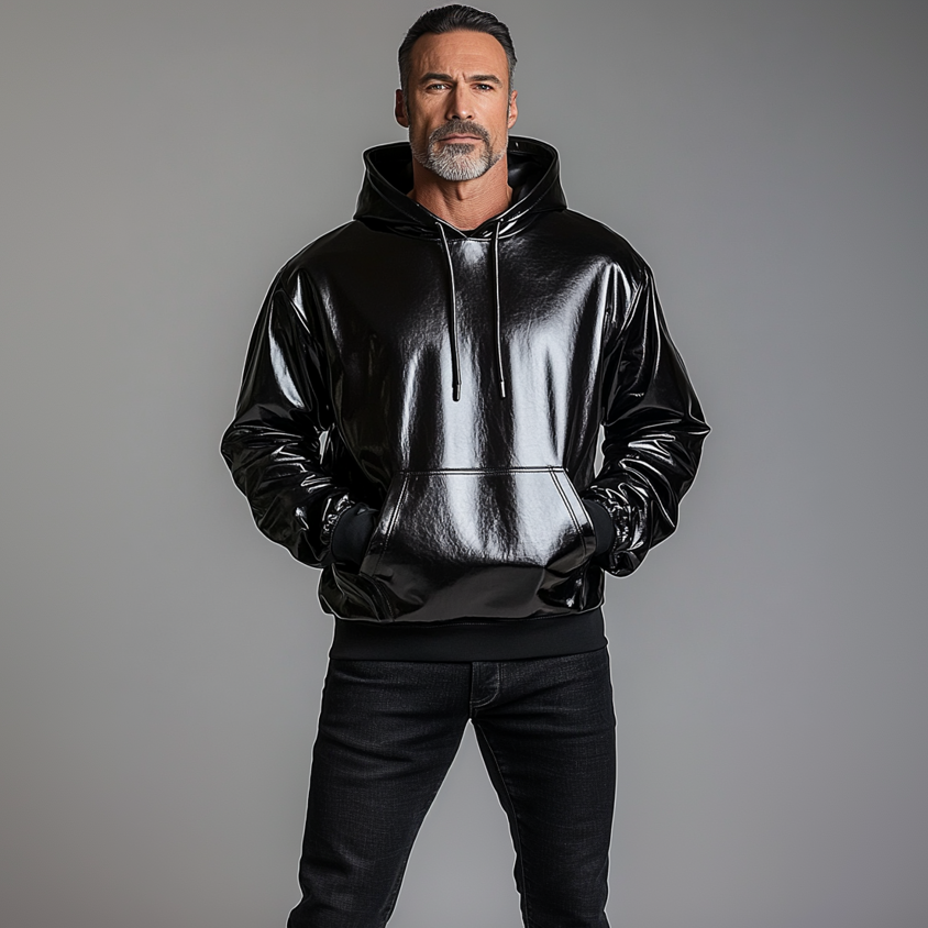 Men's PU Patent Leather Pocket Long Sleeve Drawstring Hoodie