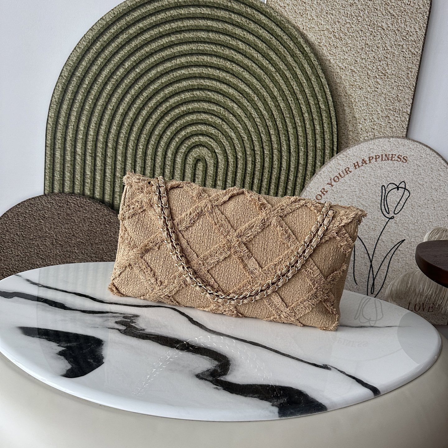 Spring Summer 2010 Coco Country Beige Linen Frayed Quilted Flap Shoulder Bag  Clutch - Mocuir