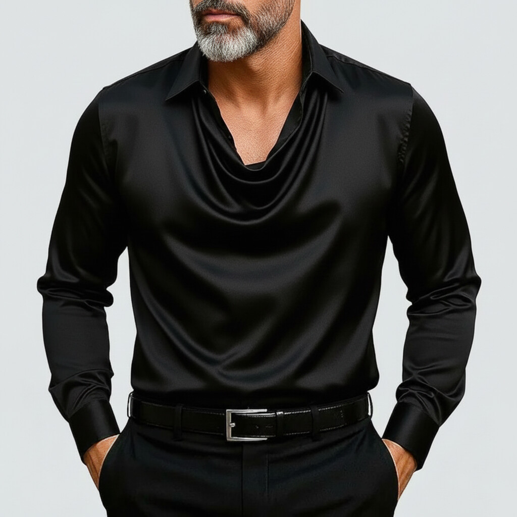 Men's Business Casual Solid Satin Shirt Collar Cowl Neck Long Sleeve Shirts
