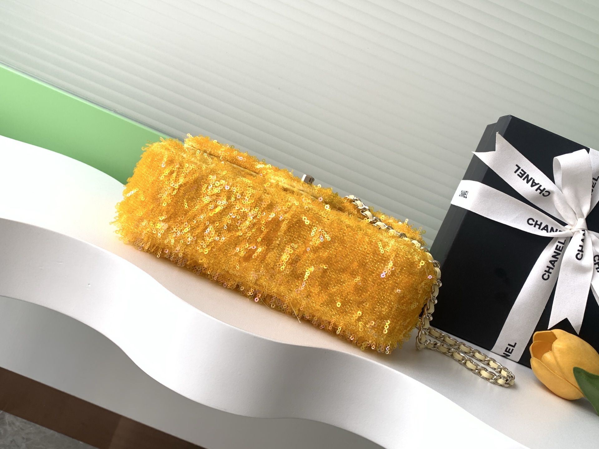 2025 FallWinter Classic Flap Bag in Bright Yellow Sequins (AS4561) with Light Gold-Tone Hardware - Mocuir