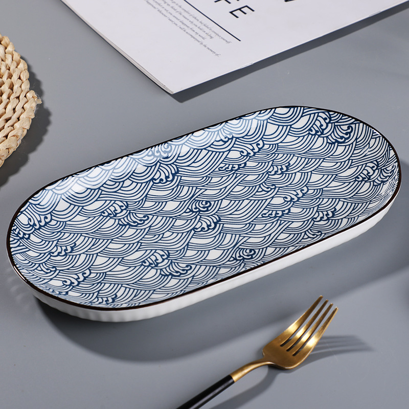 [Pack of 2] 12inch High-Quality Yamada Pattern Fish Plate Japanese Style Steamed Fish Plate Vertical Pattern Thickened Heat Resistant