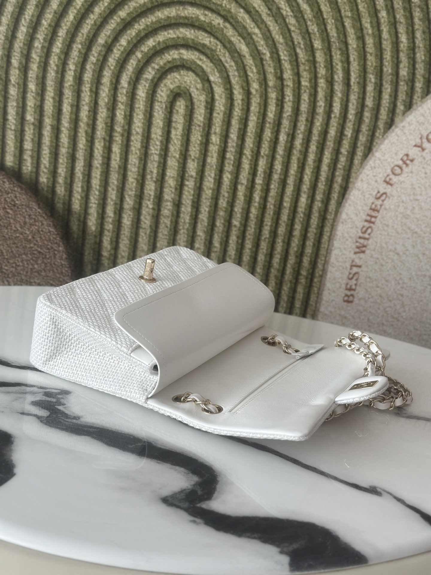 Classic Double Flap Bag in White Tweed with Light Gold Hardware (Model A01112  A69900) - Mocuir