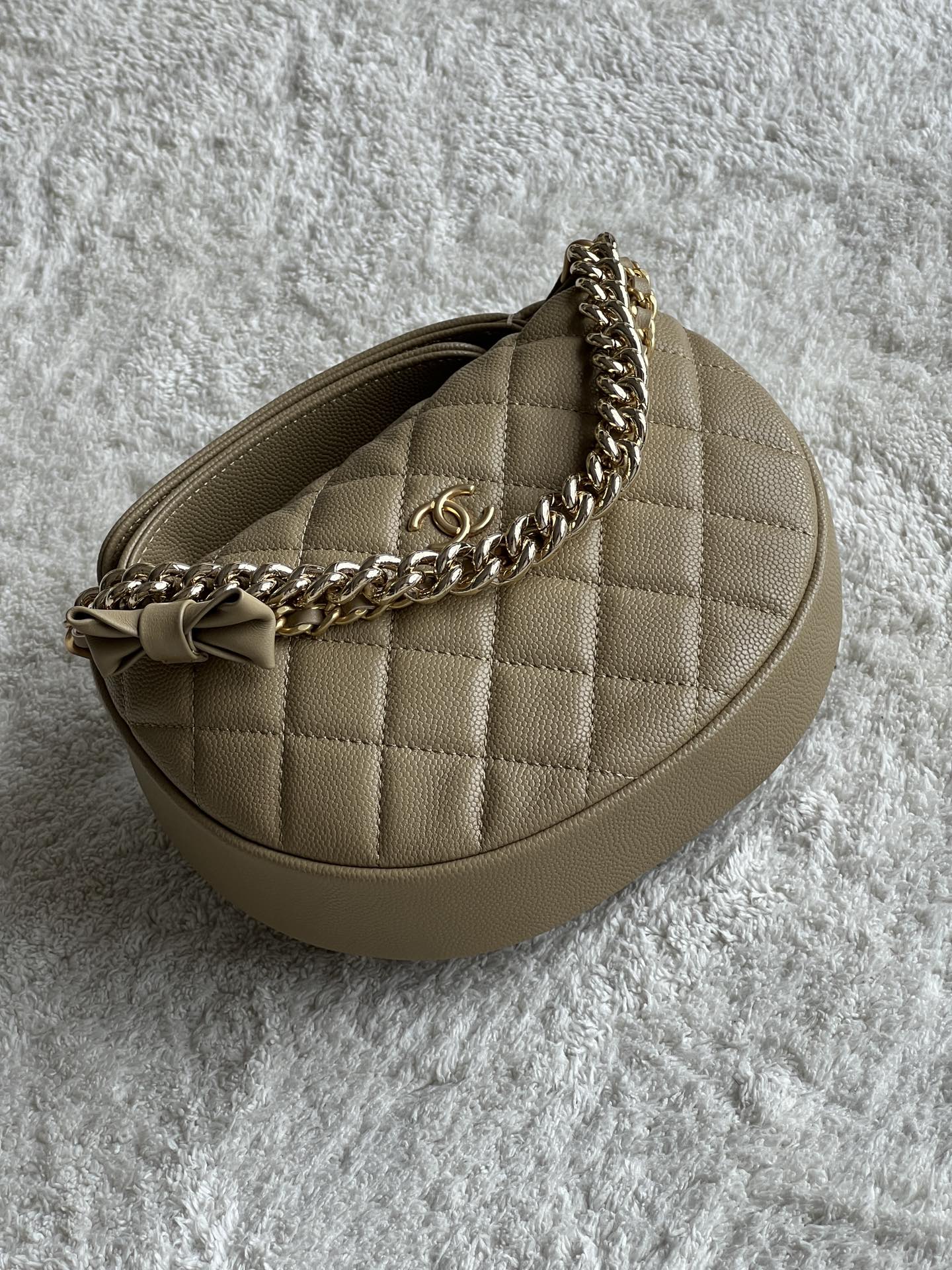 24S Half Moon Hula Hoop Bag in Dark Beige Quilted Caviar Leather with Light Gold-Tone Hardware and Bow Detail - Mocuir