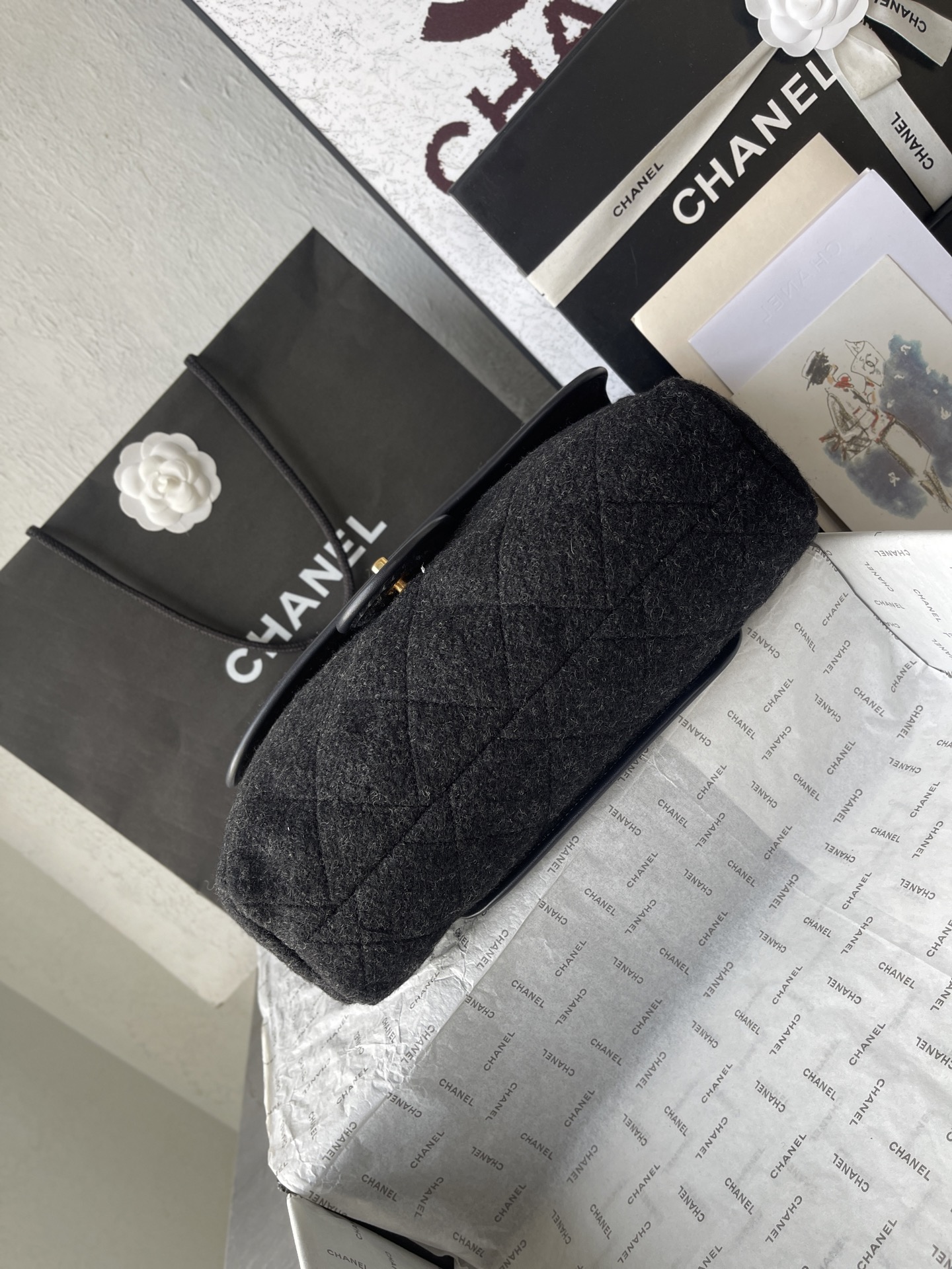 Classic Large Quilted Wool Flap Bag in Black with Gold-Tone Hardware - Mocuir