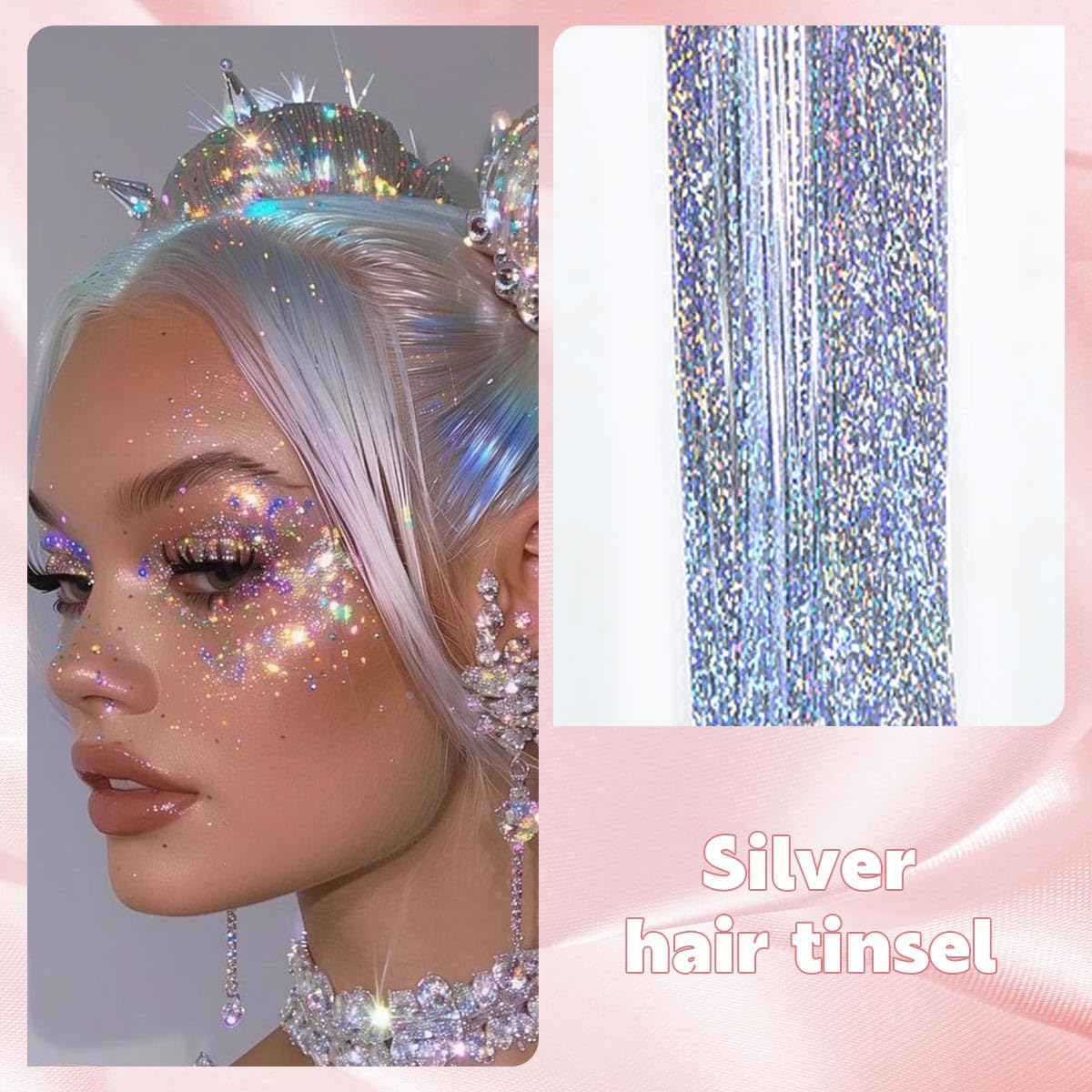 Silver Hair Tinsel Kit, 10 Packs Fairy Tinsel Hair Extensions for Teen Girls Heat Resistant Glitter Hair Accessories for Christmas New Year Halloween Cosplay Party(48 Inch)