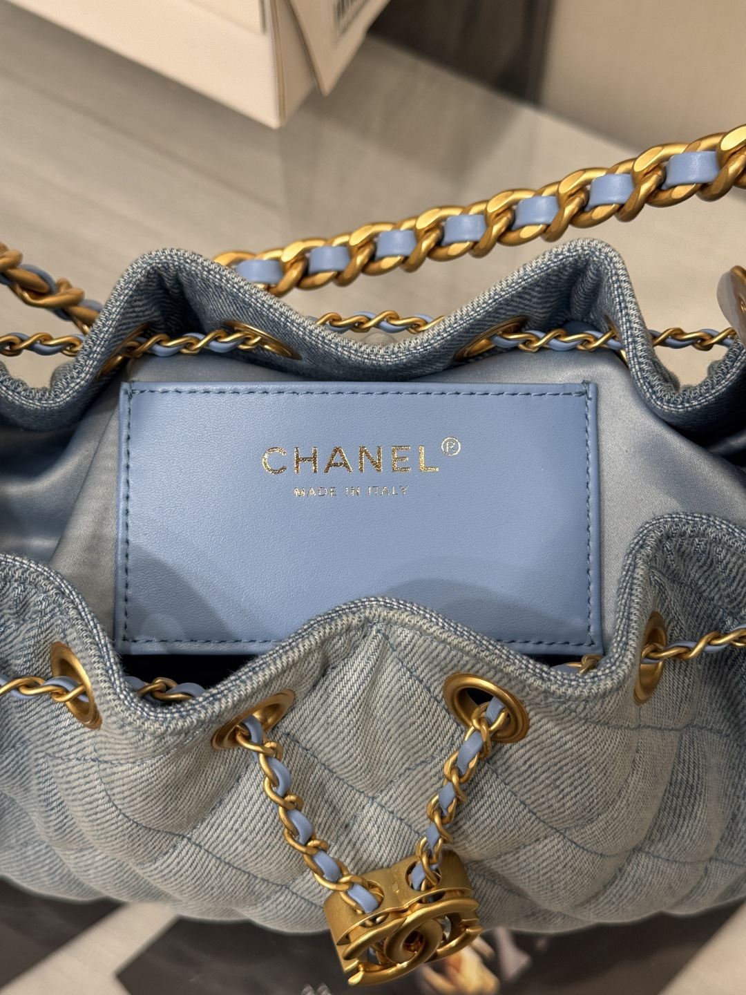 25 Small Hobo Bag (AS5293) in Light Blue Washed Denim & Antique Gold-Tone Hardware - Mocuir