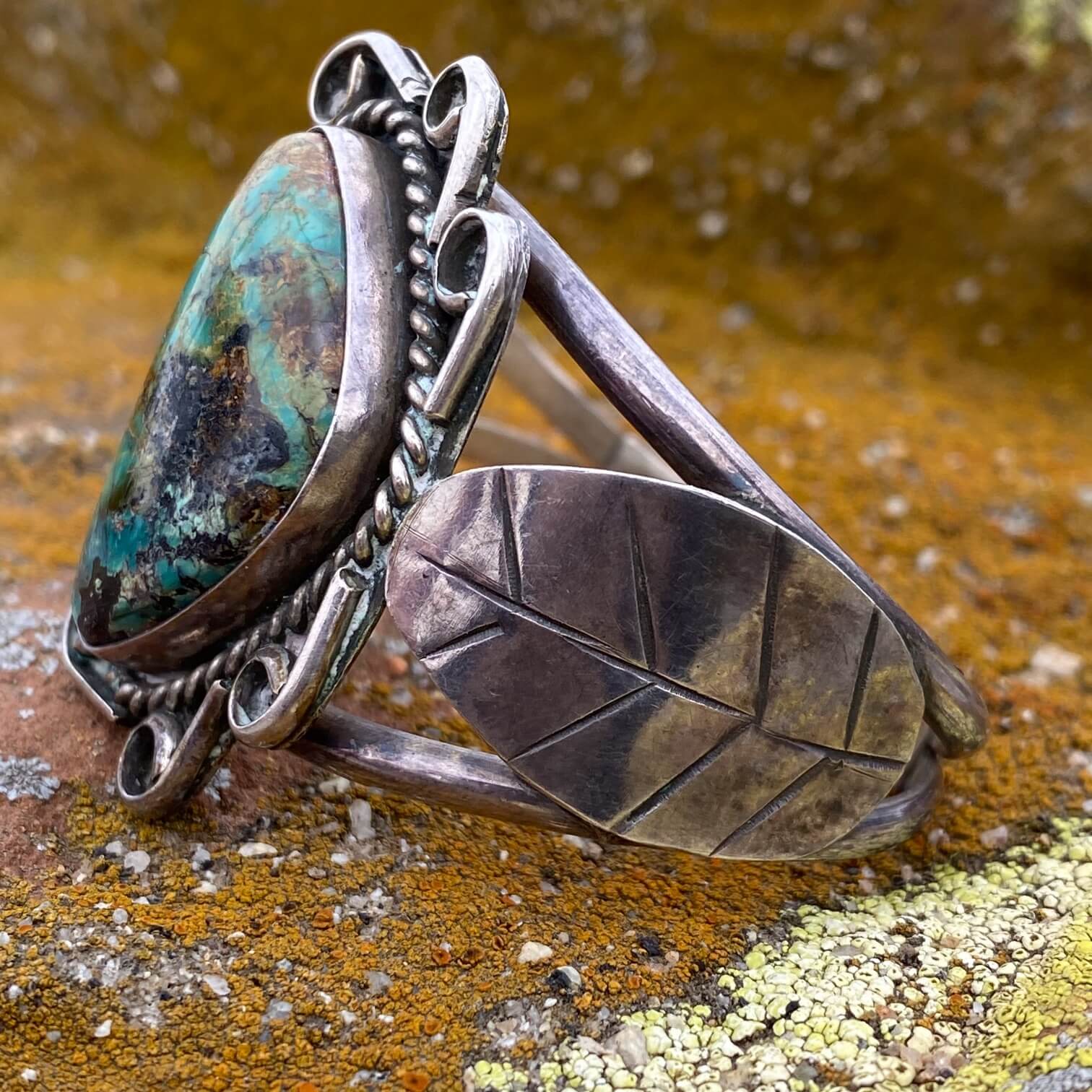 Old Navajo Sterling Silver Cuff Bracelet with King's Manassa Turquoise