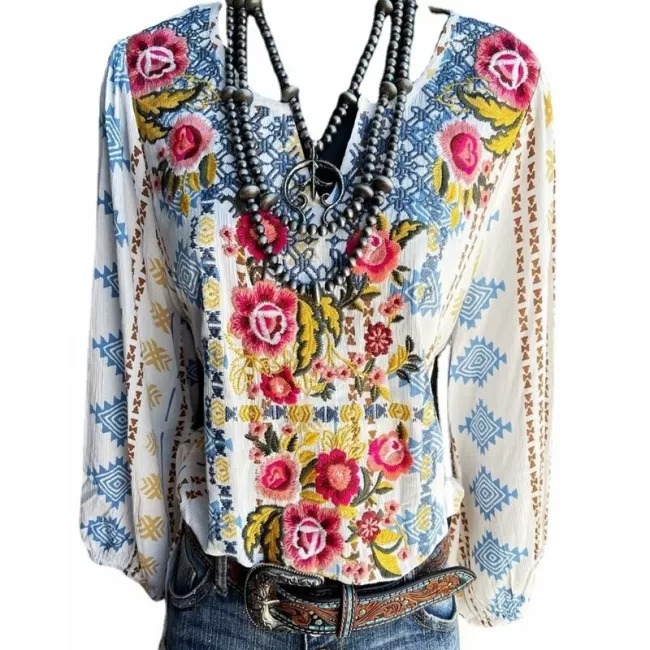Vintage Blouses Women Printed Long Sleeves Tops Plus Size Summer Fashion LooseV-Neck Women Tops