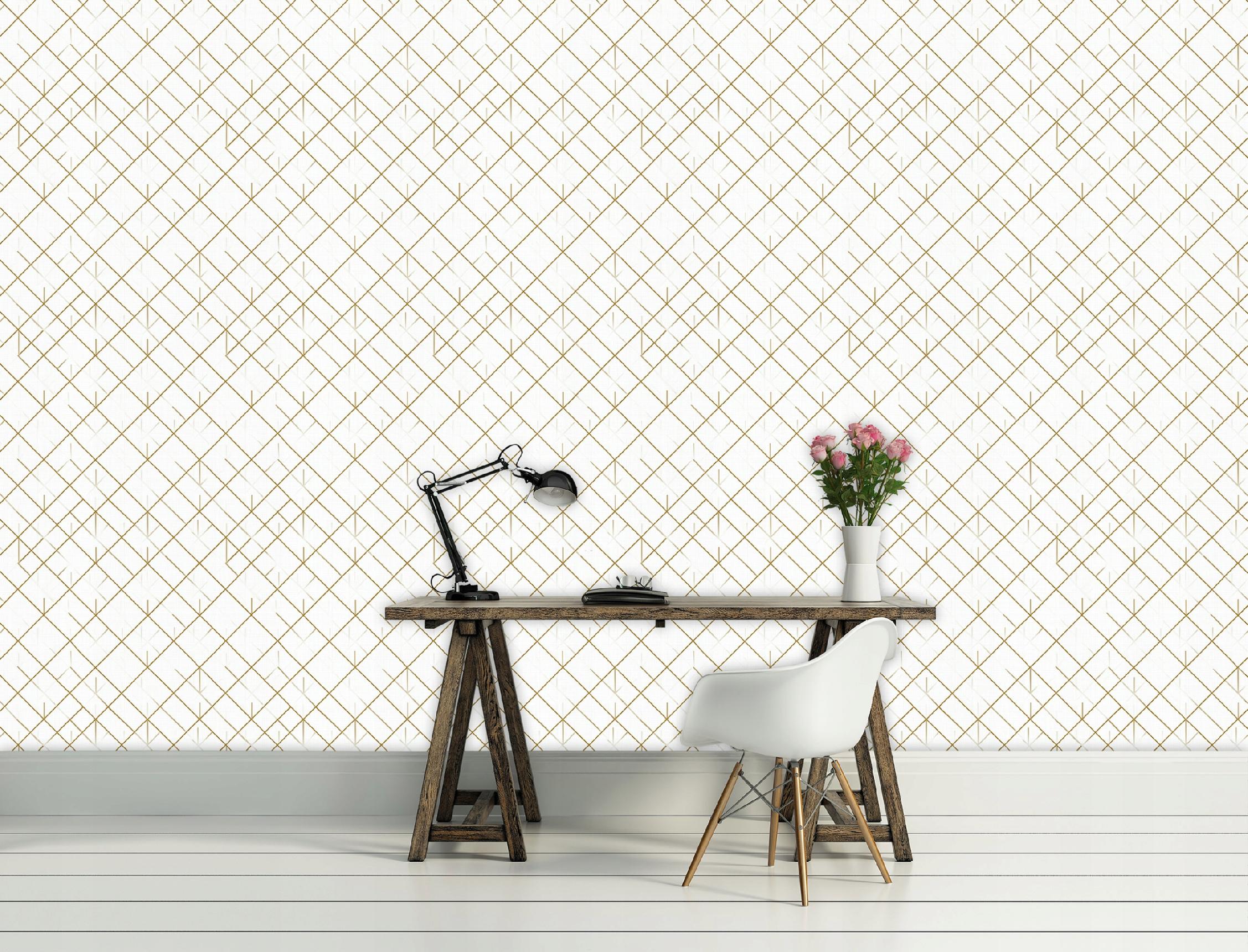 Geometric wallpaper with gold lines on white non-woven fabric for living room and bedroom walls