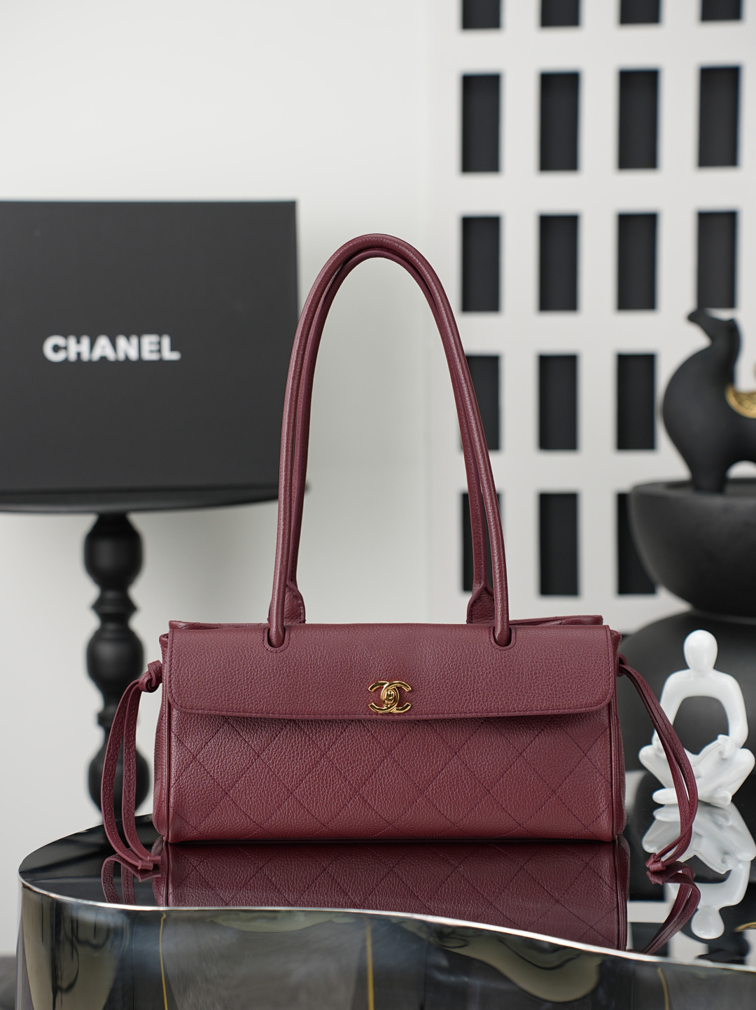 Spring-Summer 2026 Burgundy Quilted Caviar Leather Baguette Shoulder Bag with Gold-Tone Hardware & Long Handle - Mocuir