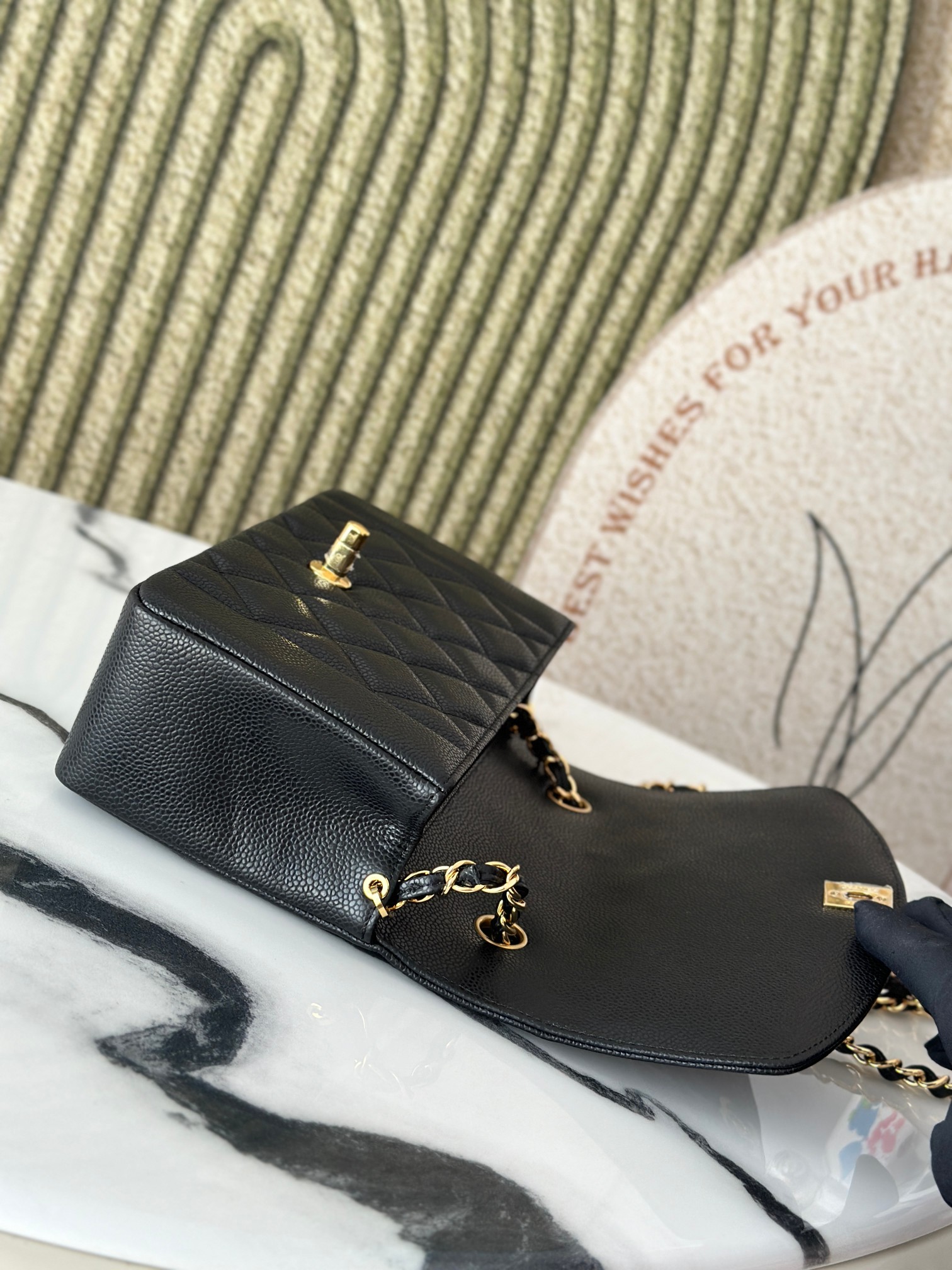 Black Caviar Quilted Medium Flap Bag with Gold Hardware - Mocuir