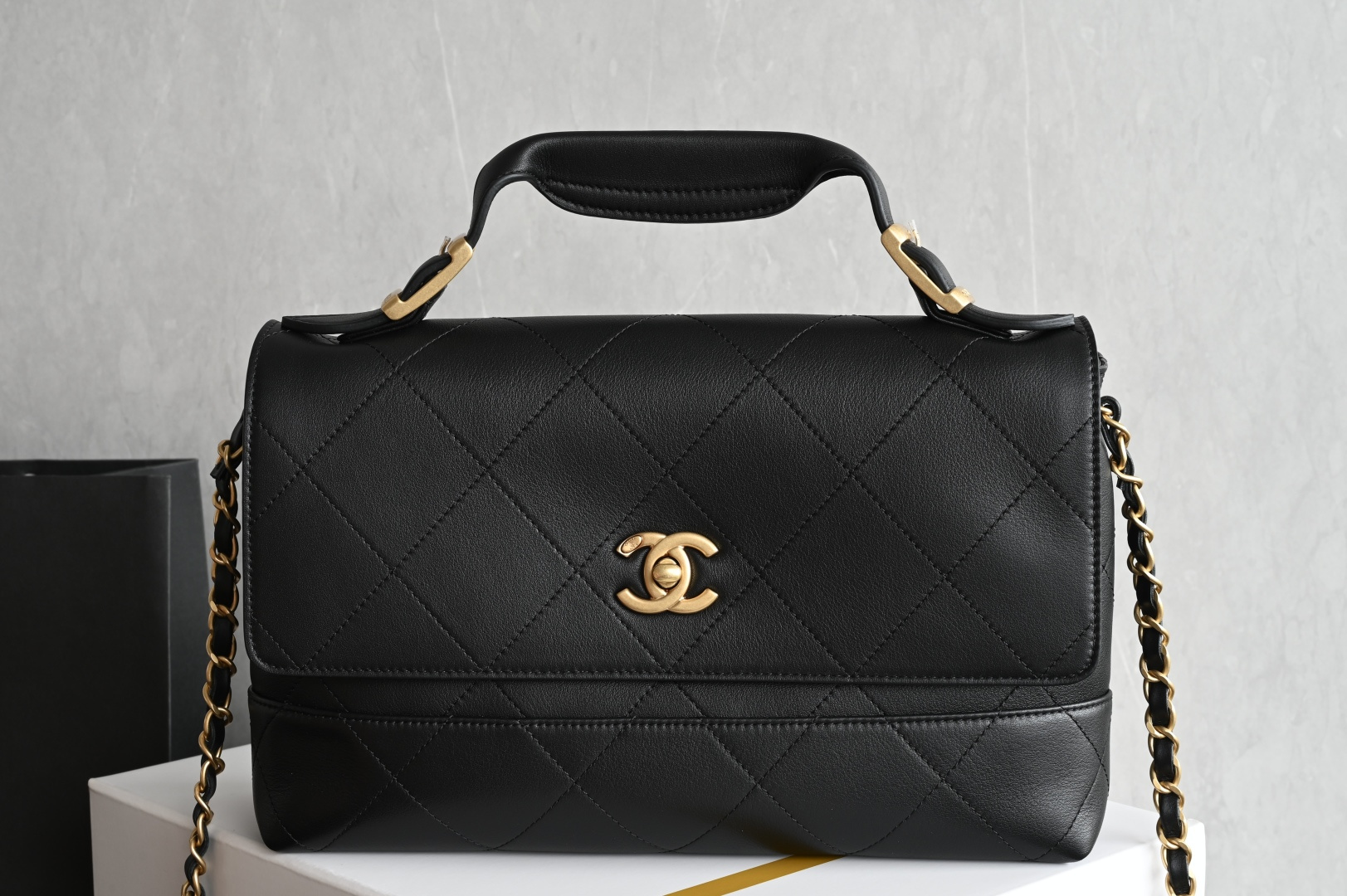 Top Handle Flap Bag (Handle Messenger Bag) in Black Quilted Calfskin with Light Gold-Tone Hardware - Mocuir