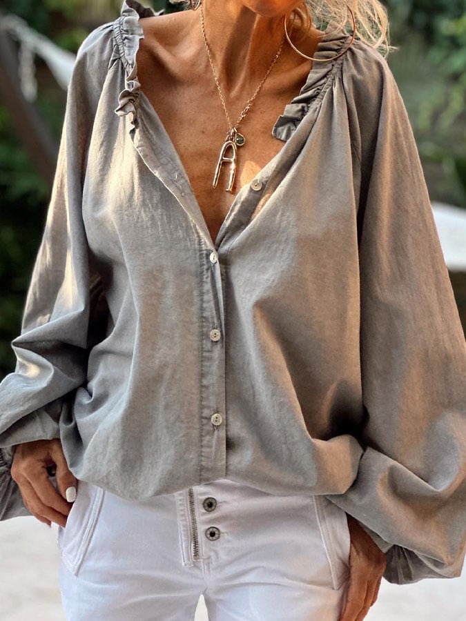 Cotton and Linen Solid Tie Pleated Shirt