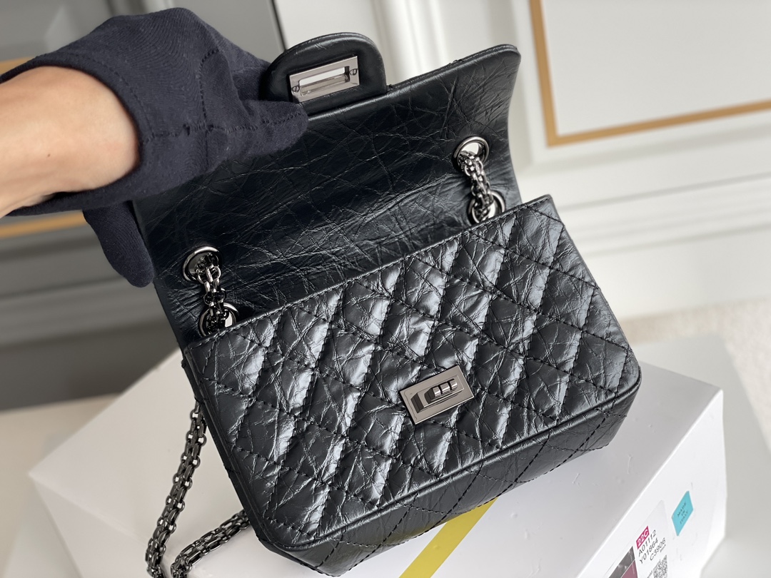 2.55 Reissue 225 Flap Bag in Black Aged Calfskin with Ruthenium Hardware (Model A01112) - Mocuir