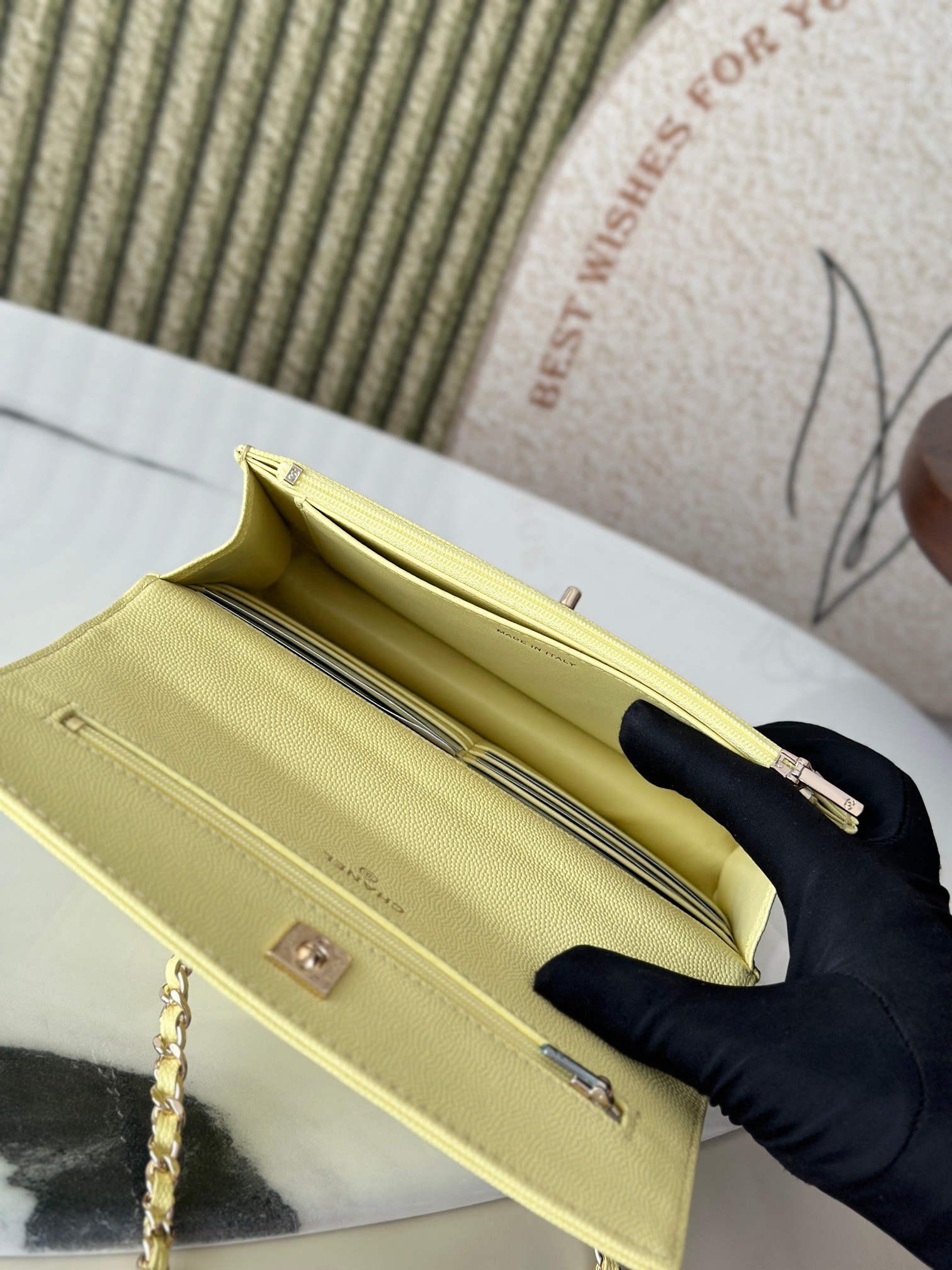 Classic Flap Mini Bag with Top Handle in Lemon Yellow Caviar Leather with Light Gold Hardware (Model AP3341) - Mocuir