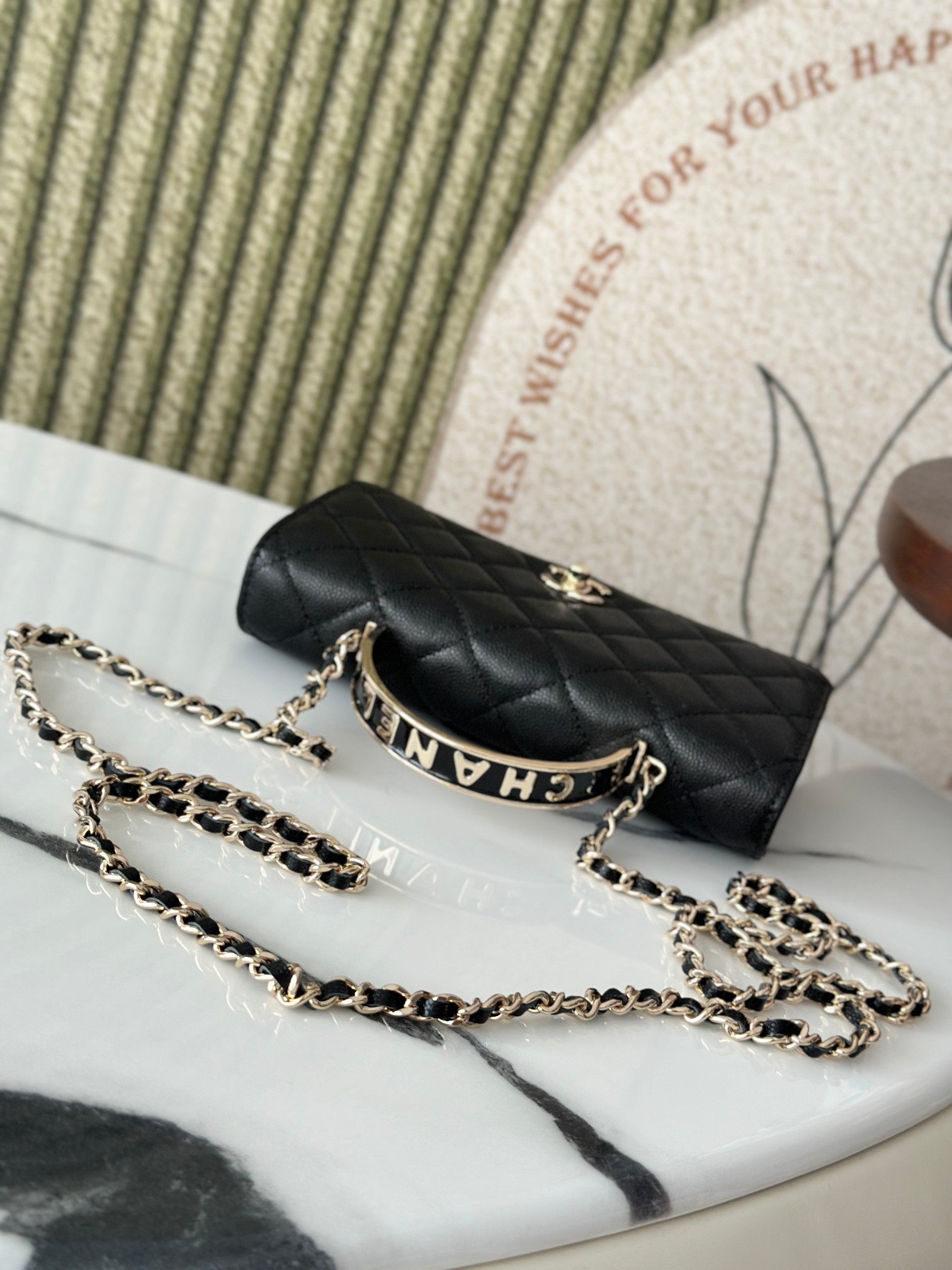 Wallet on Chain with Top Handle in Black Quilted Caviar Leather with Gold-Tone Hardware - Mocuir