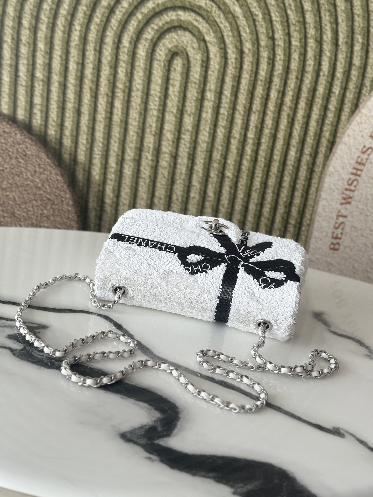 24B White & Black Sequin Bow Mini Classic Flap Bag with Silver-Tone Hardware - Mocuir