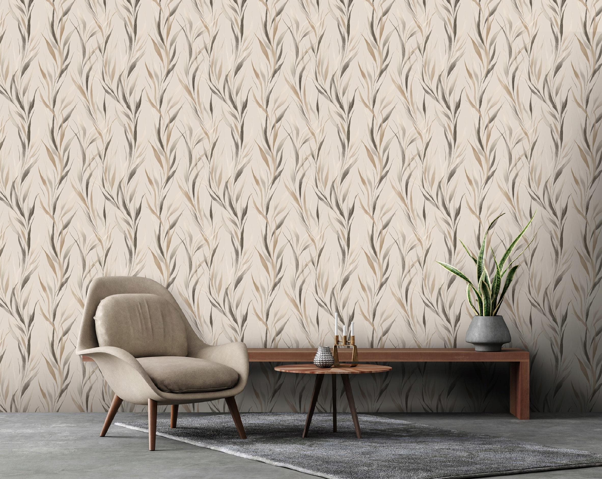 Boho beige grass leaf wallpaper on non-woven fabric for living room and bedroom walls