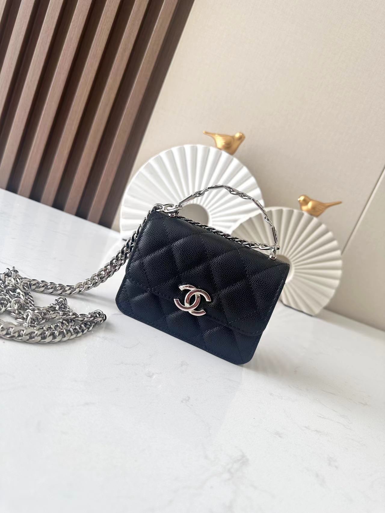 Classic Quilted Caviar Mini Flap Bag with Top Handle Chain in Black (Silver Hardware) - Mocuir