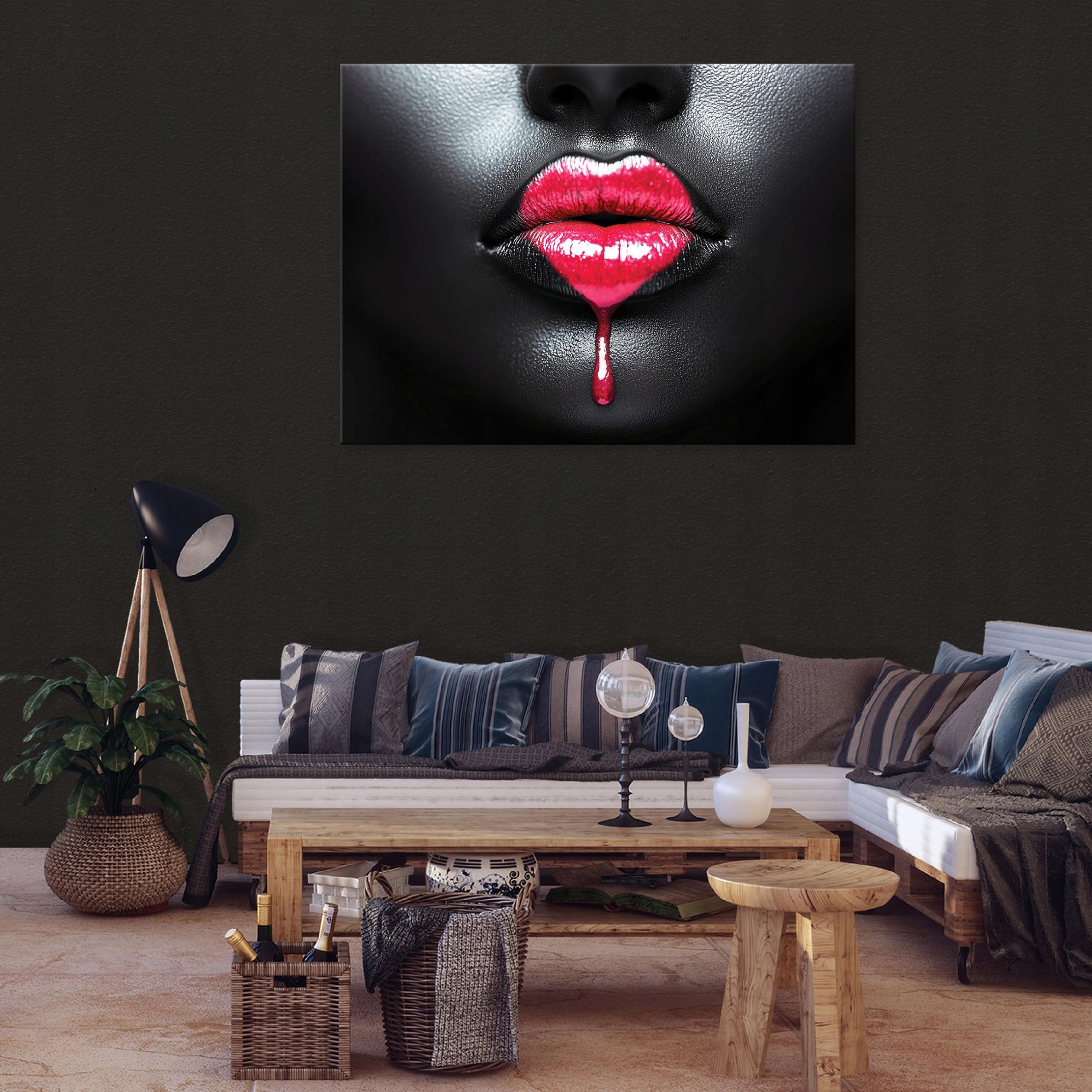 Painting of a woman's lips with a black heart for the bedroom, living room, or kitchen on canvas, 40x30