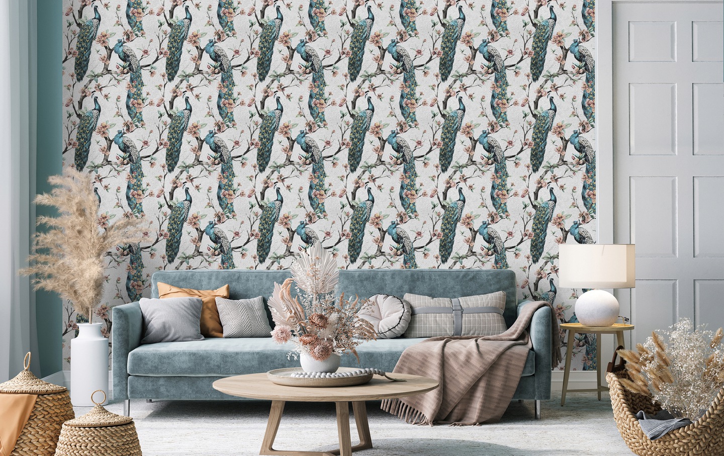Peacock concrete wallpaper roll, non-woven wallpaper