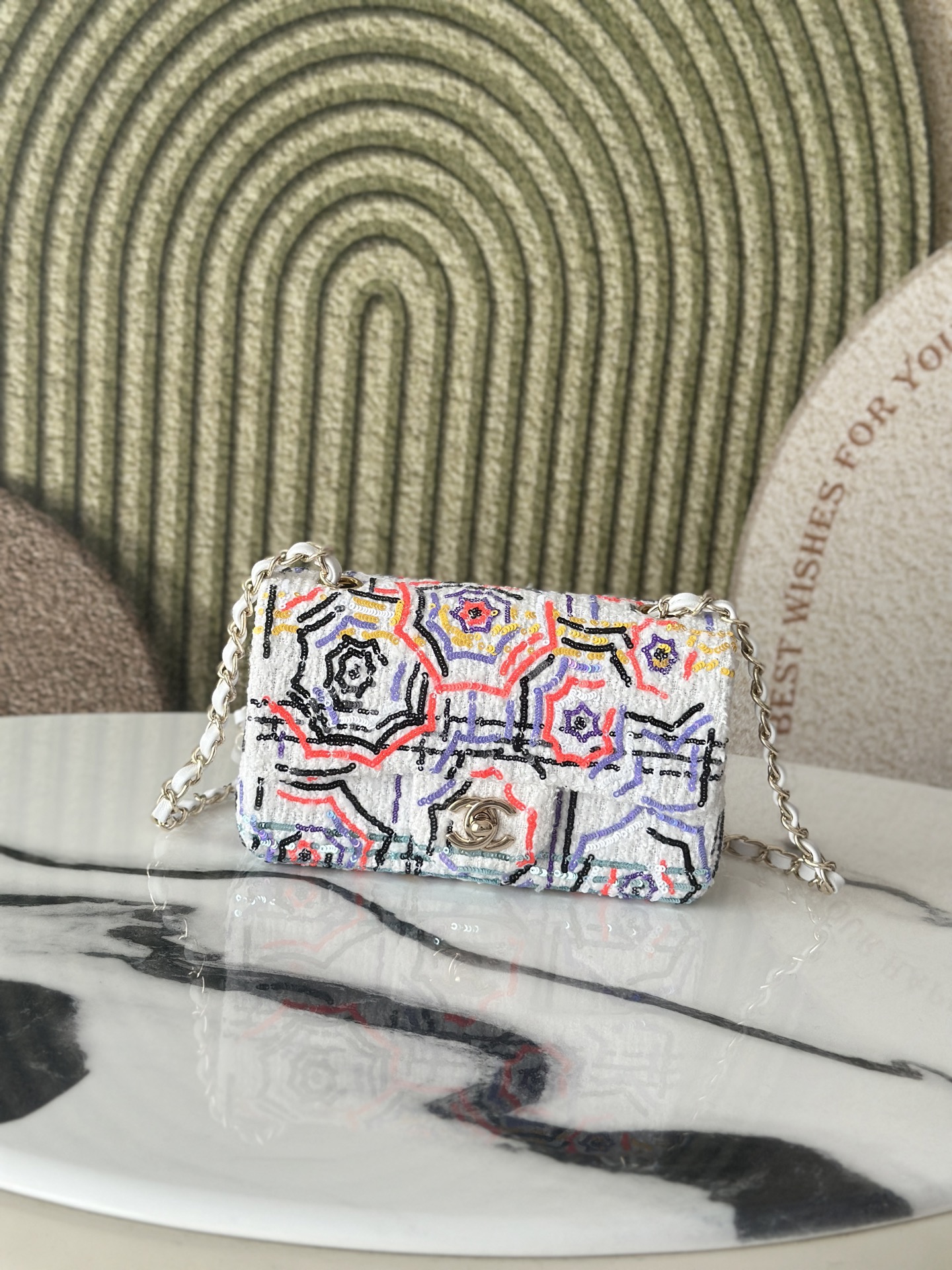 Spring-Summer 2019 Runway Kaleidoscope Multicolor Sequin Mini Classic Flap Bag with Gold-Tone Hardware - Mocuir