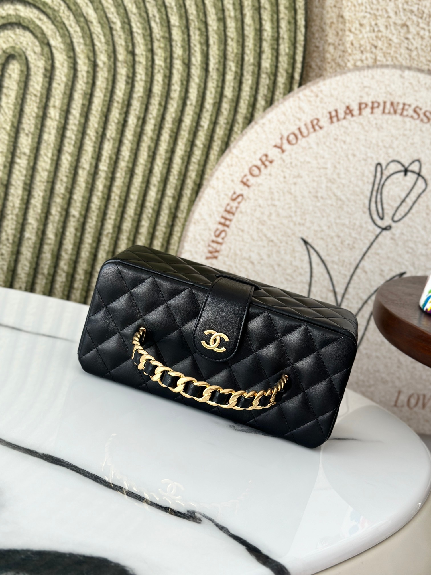 Black Lambskin Quilted Long Vanity Case with Chain Handle - Mocuir