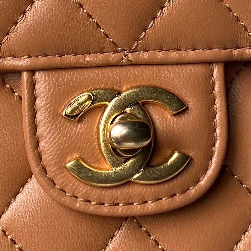 Top Handle Flap Messenger Backpack in Caramel Quilted Lambskin with Light Gold-Tone Hardware - Mocuir