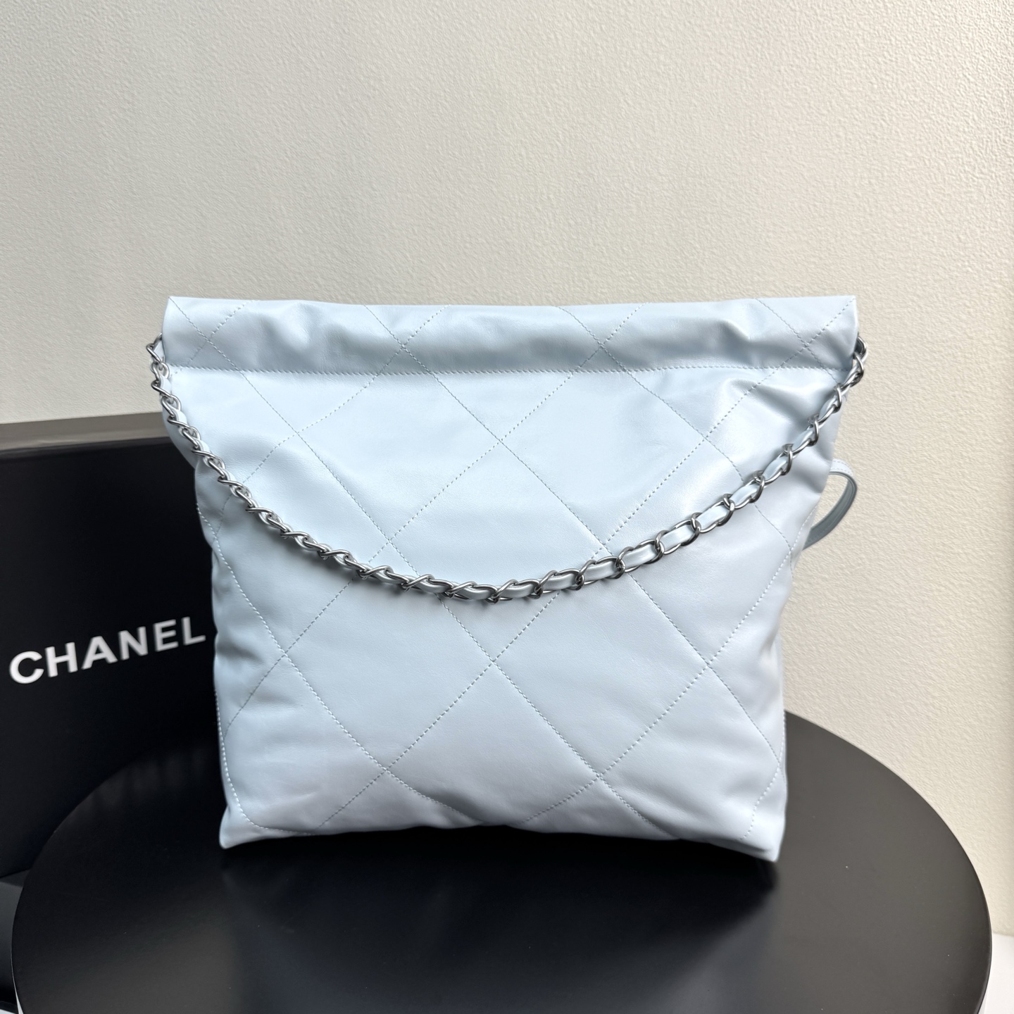 22 Bag Quilted Shiny Calfskin in Light Blue (Silver Hardware) - Mocuir