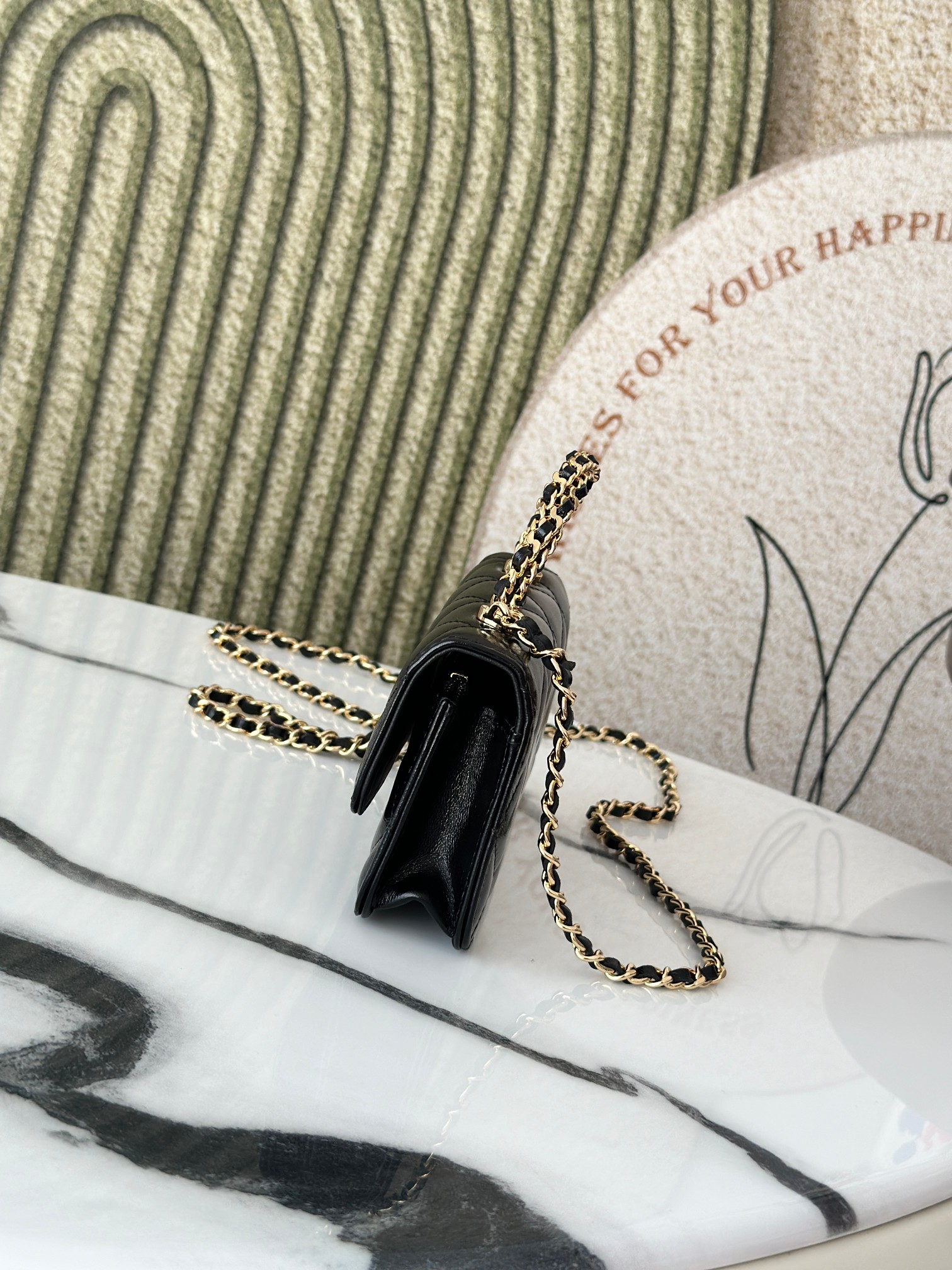 Black Shiny Calfskin Mini Flap Bag with Chain Handle (Model AP3656) - Mocuir