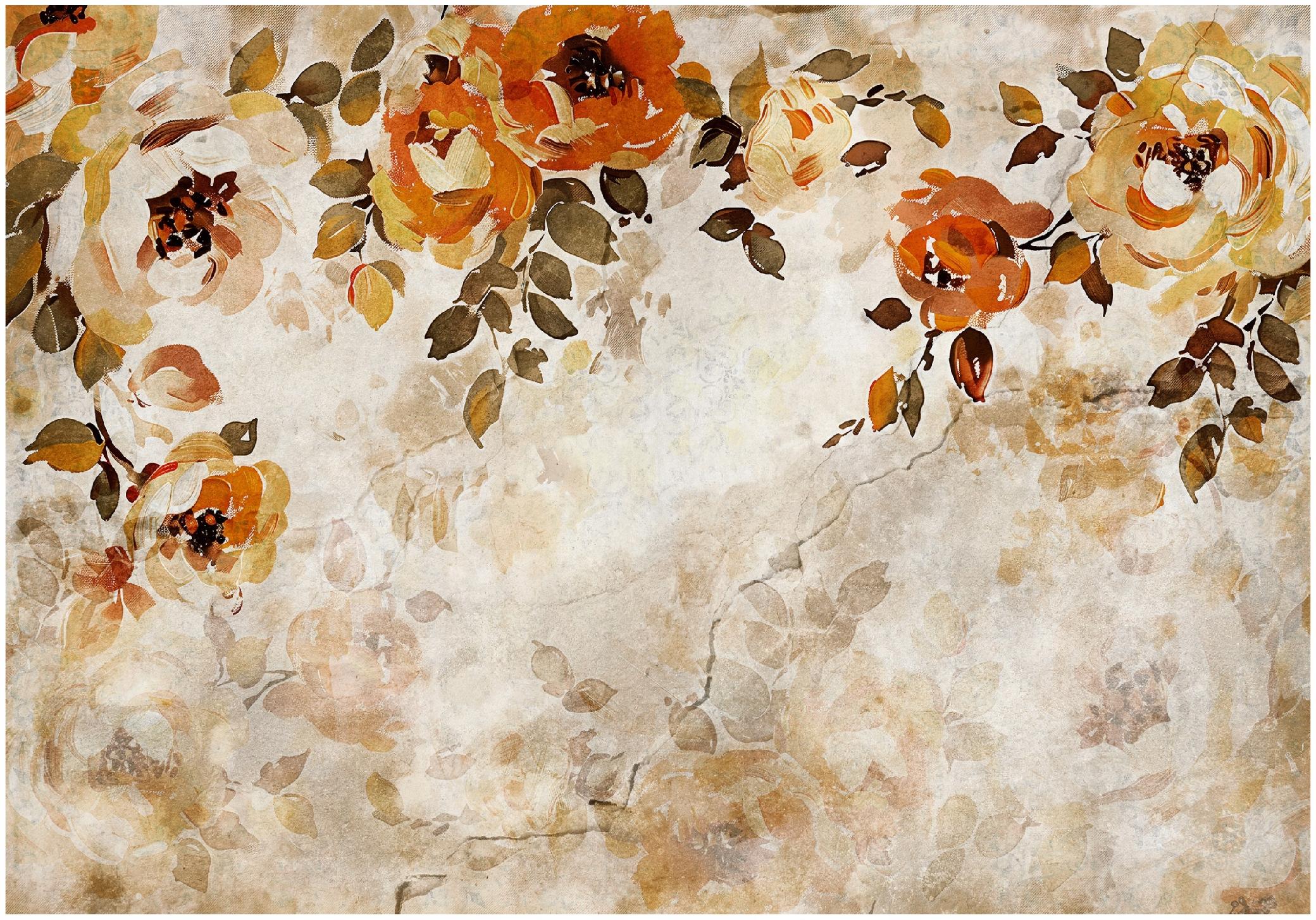 Flower wall mural on concrete, vintage roses for the bedroom or living room, wallpaper