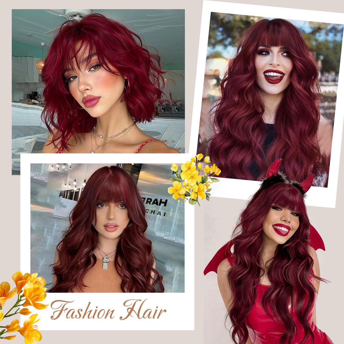 Burgundy Red Wig with Bangs 26 Inch Long Curly Wavy Wigs for Women Begineer-friendly Synthetic Wig for Daily Party Holiday Use