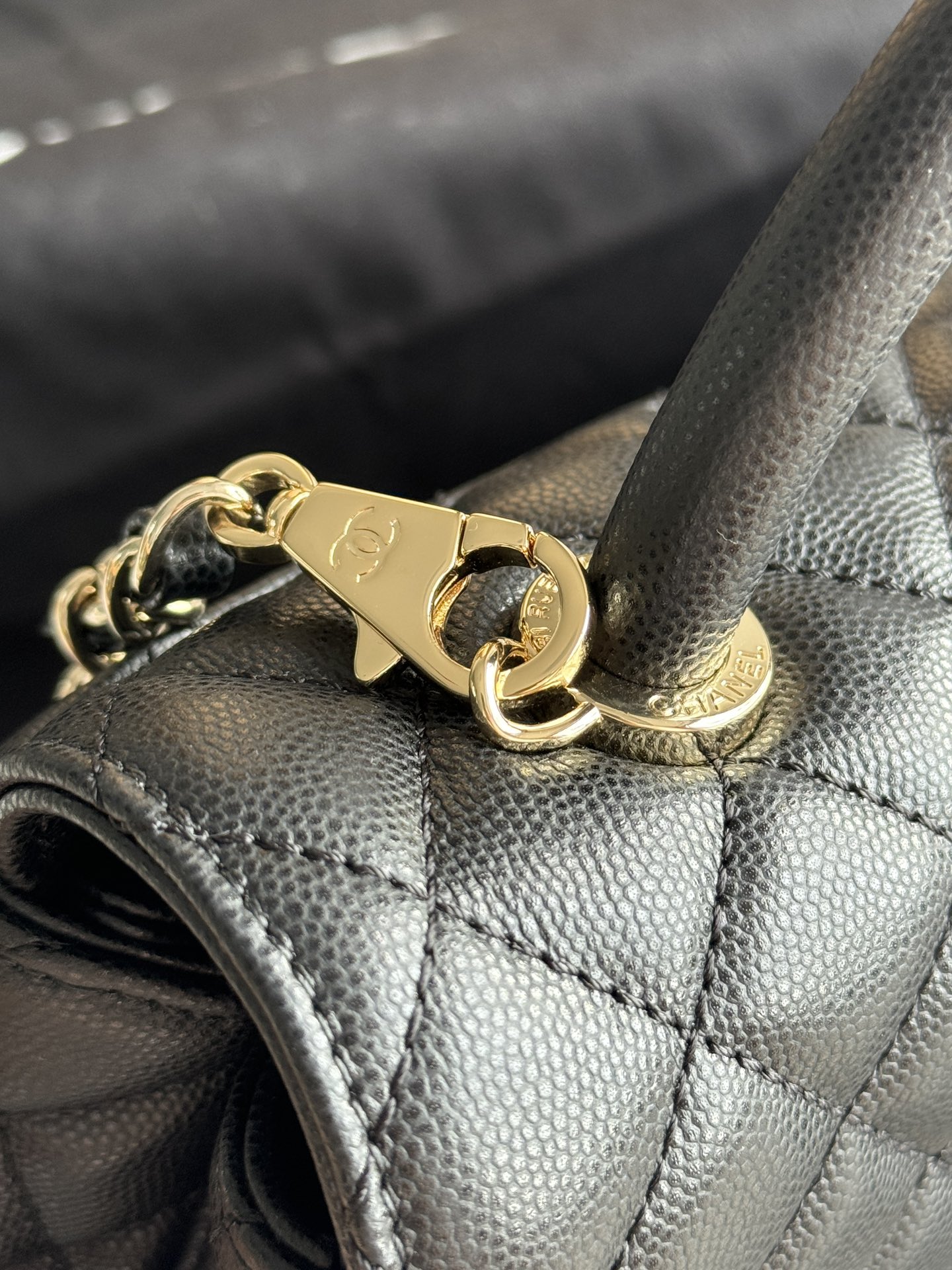 Small Coco Handle Flap Bag in Black Quilted Caviar Leather with Light Gold-Tone Hardware - Mocuir