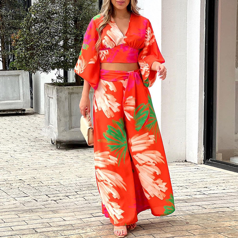 Ladies Elegant Print V-Neck Balloon Sleeve Shirt High Waist Wide Leg Pants Two Piece Set