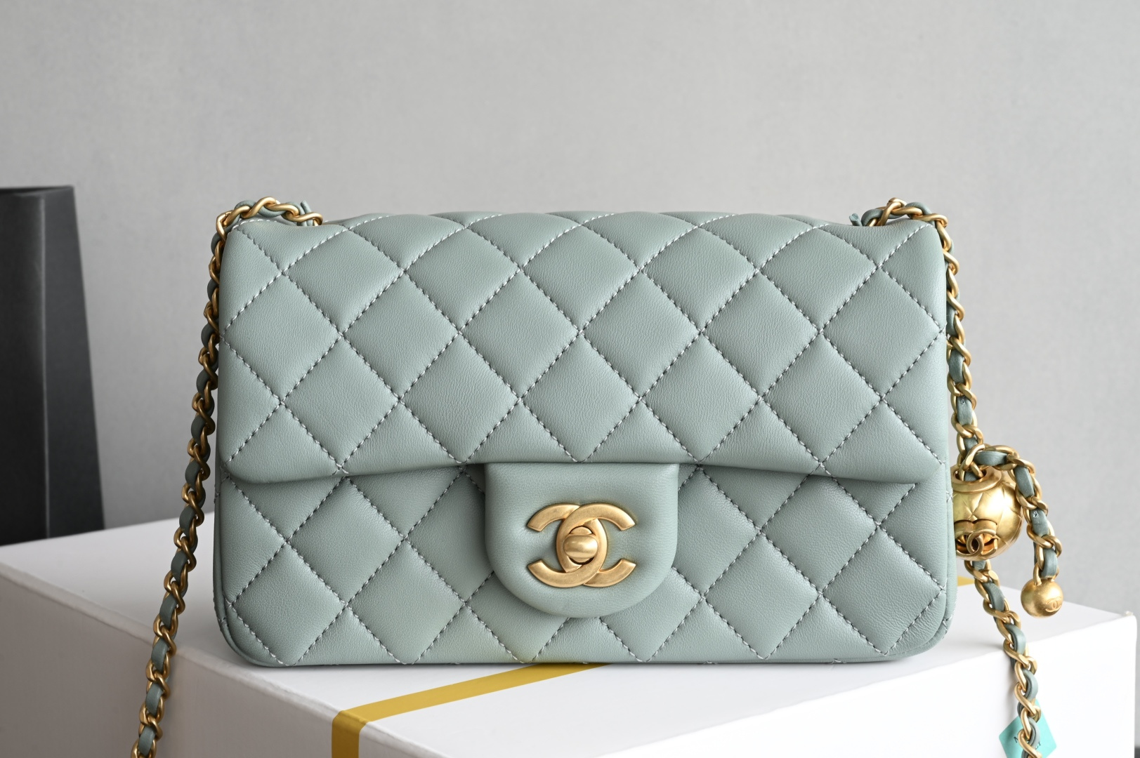 Classic Flap Large Mini with Adjustable Ball Chain in Mint Green Lambskin with Light Gold-Tone Hardware (Model AS1787) - Mocuir