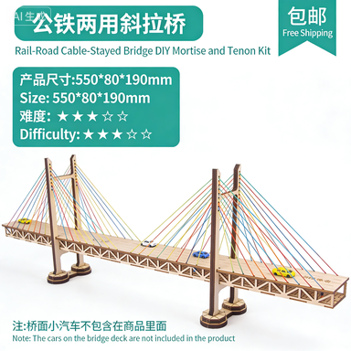 Rail-Road Dual Use Cable-Stayed Bridge DIY Mortise and Tenon Kit | Intangible Cultural Heritage 3D Wooden Bridge Model Puzzle | STEM Engineering Educational Toy for Kids Teens & Adults | School Science Project Teaching Aid公铁两用斜拉桥 DIY 榫卯拼装套件 | 非遗文化 3D