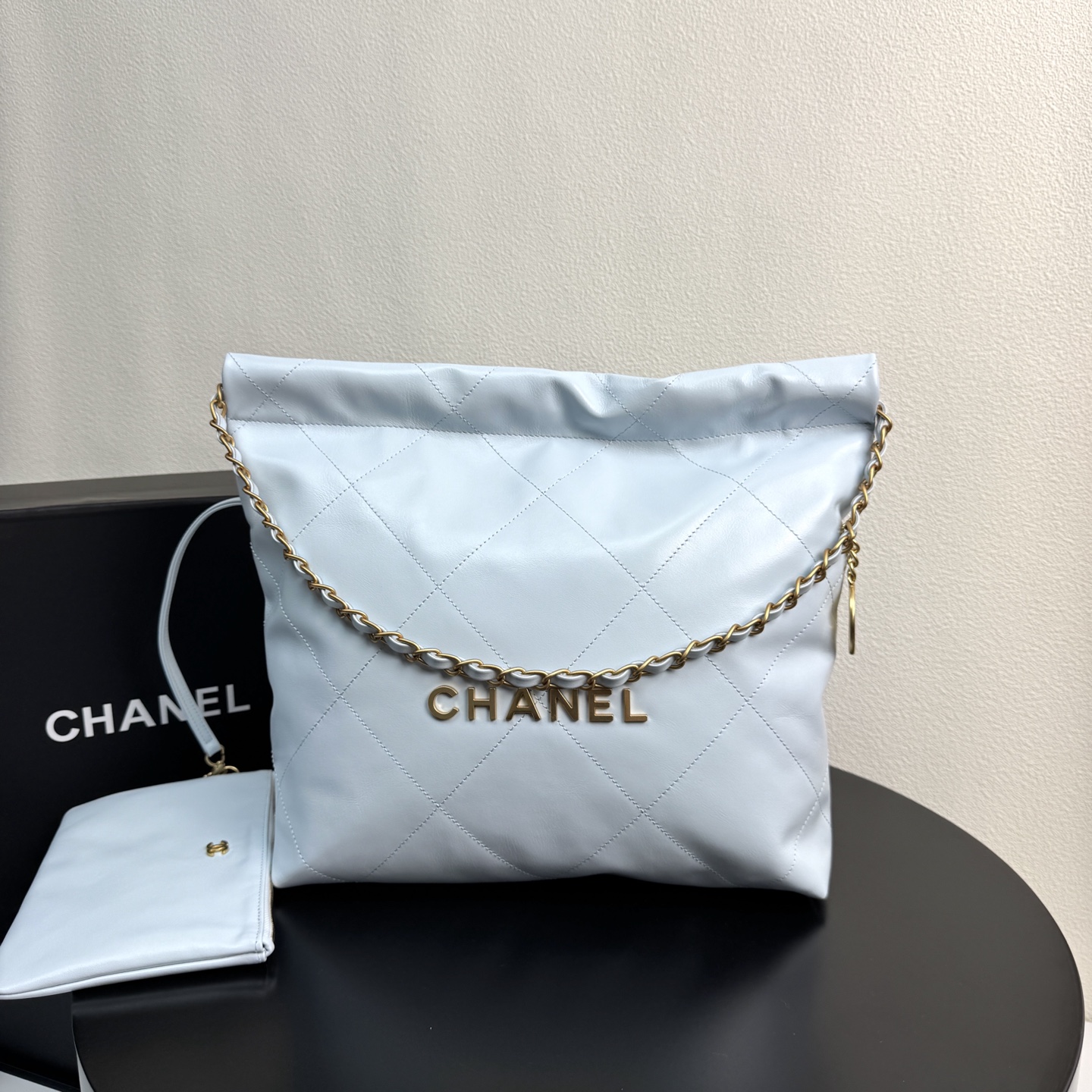 22 Bag Quilted Shiny Calfskin in Light Blue (Gold Hardware) - Mocuir