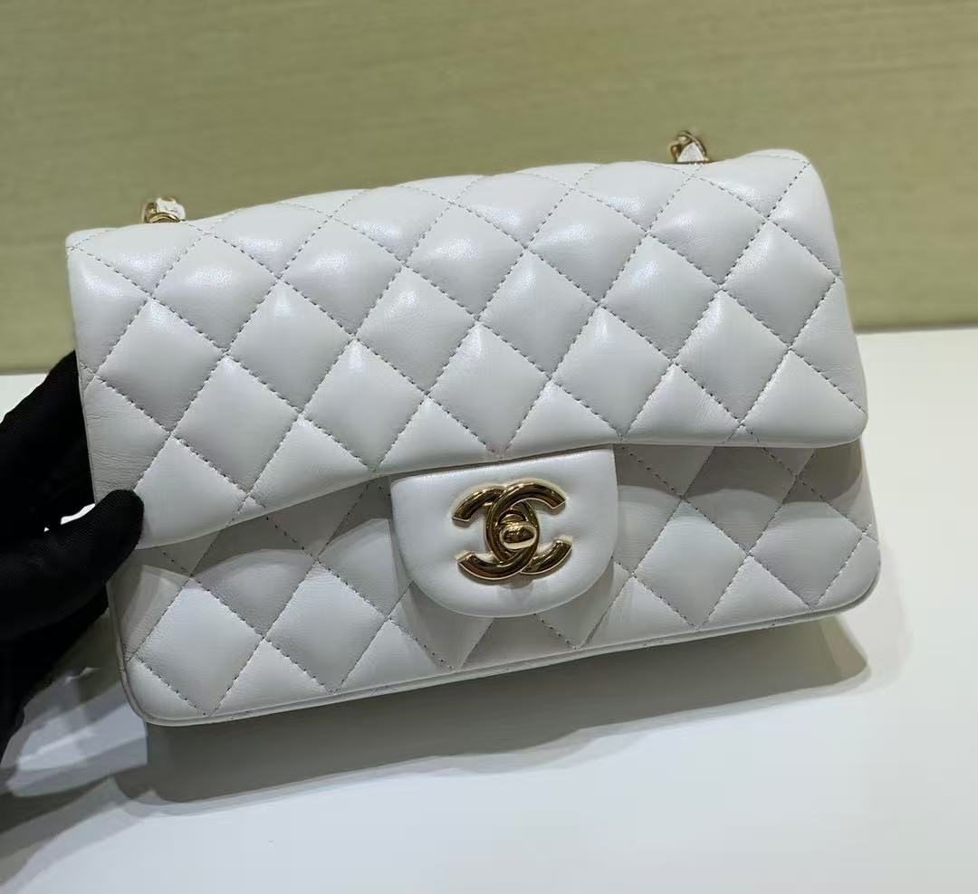 Classic Flap Mini Rectangular Bag (A35200) in White Lambskin with Gold-Tone Hardware, Timeless Classic Line - Mocuir