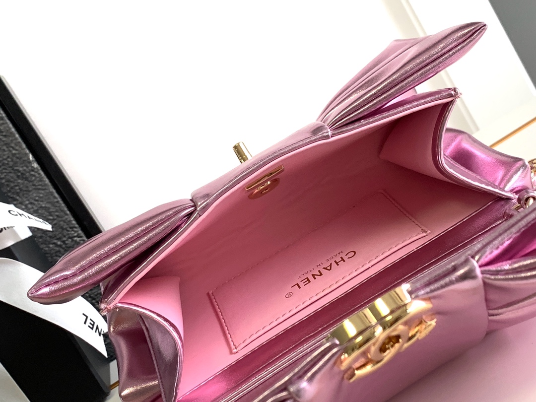 24B Bow Bag Evening Clutch with Chain in Metallic Pink Shiny Lambskin with Light Gold-Tone Hardware - Mocuir