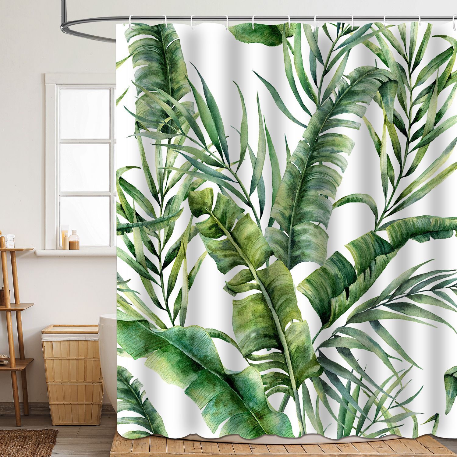 Shower curtain green plant leaf polyester 3d digital printing waterproof and mildew-proof shower bathroom partition
