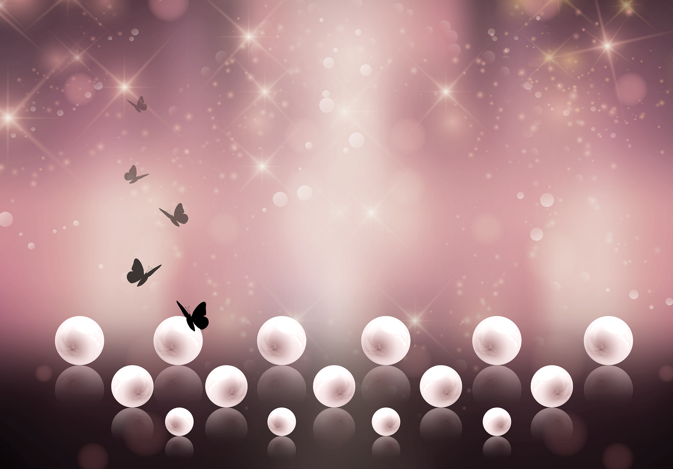 Wall mural: pearls, butterflies, pink, bokeh, glamour – for the bedroom or living room