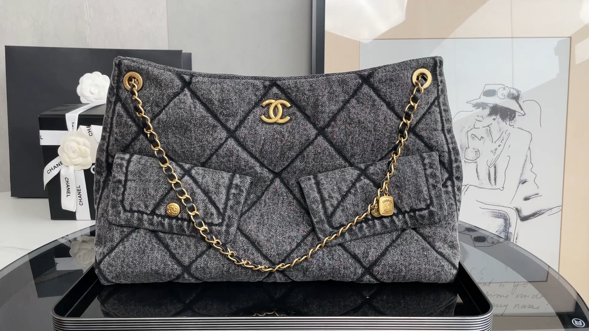 25K Cruise Collection Washed Black Denim Hobo Tote Bag with Double Pockets & Gold-Tone Hardware (Model AS5727) - Mocuir