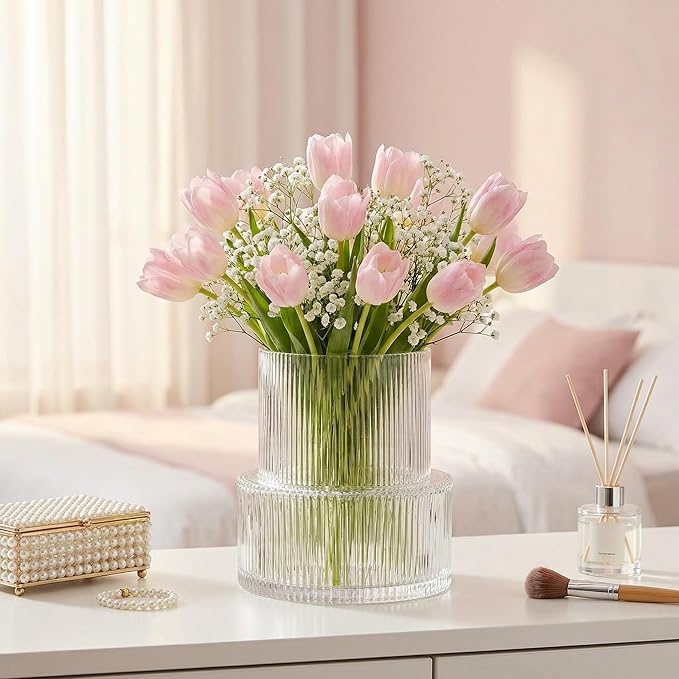 VASEA Ribbed Glass Vase, Flower Vase