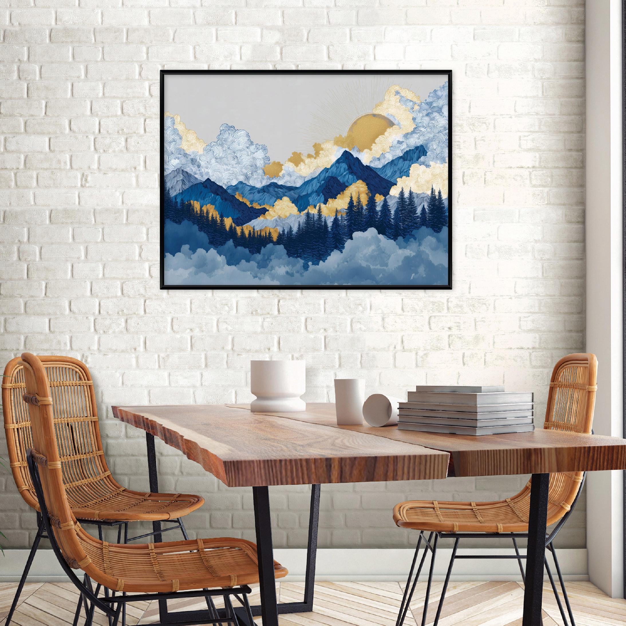 Black-framed canvas painting of mountains, watercolor, forest, living room, bedroom, 40x30