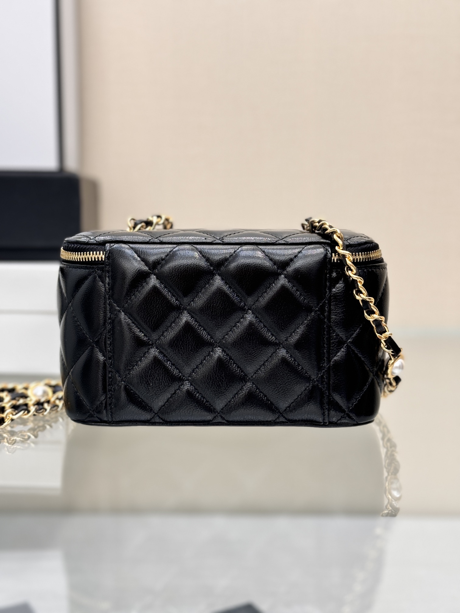 Long Vanity Case with Chain & Pearl Detail in Black Quilted Lambskin with Light Gold-Tone Hardware - Mocuir