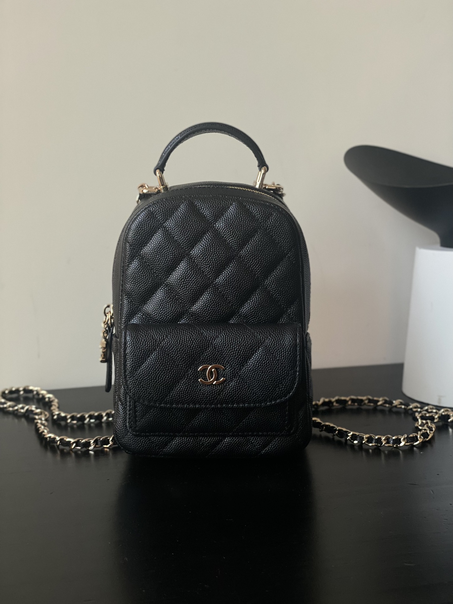 Mini Backpack with Chain (AS3787) in Black Caviar Leather with Gold-Tone Hardware, 24C Cruise Collection - Mocuir
