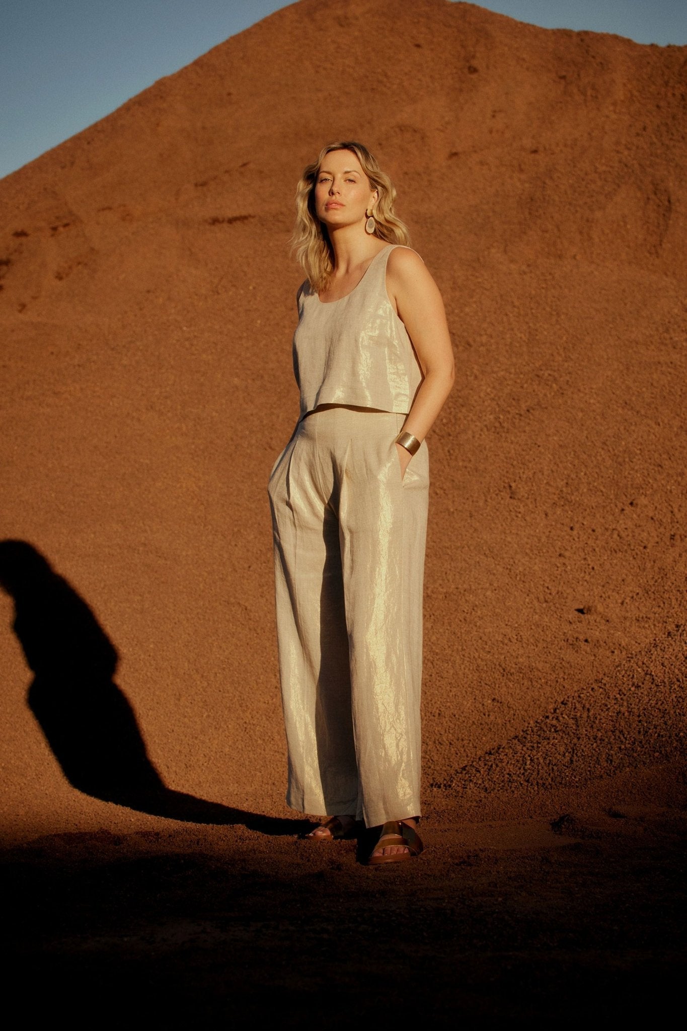 Gold Foil Linen Wide-Leg Pant‌