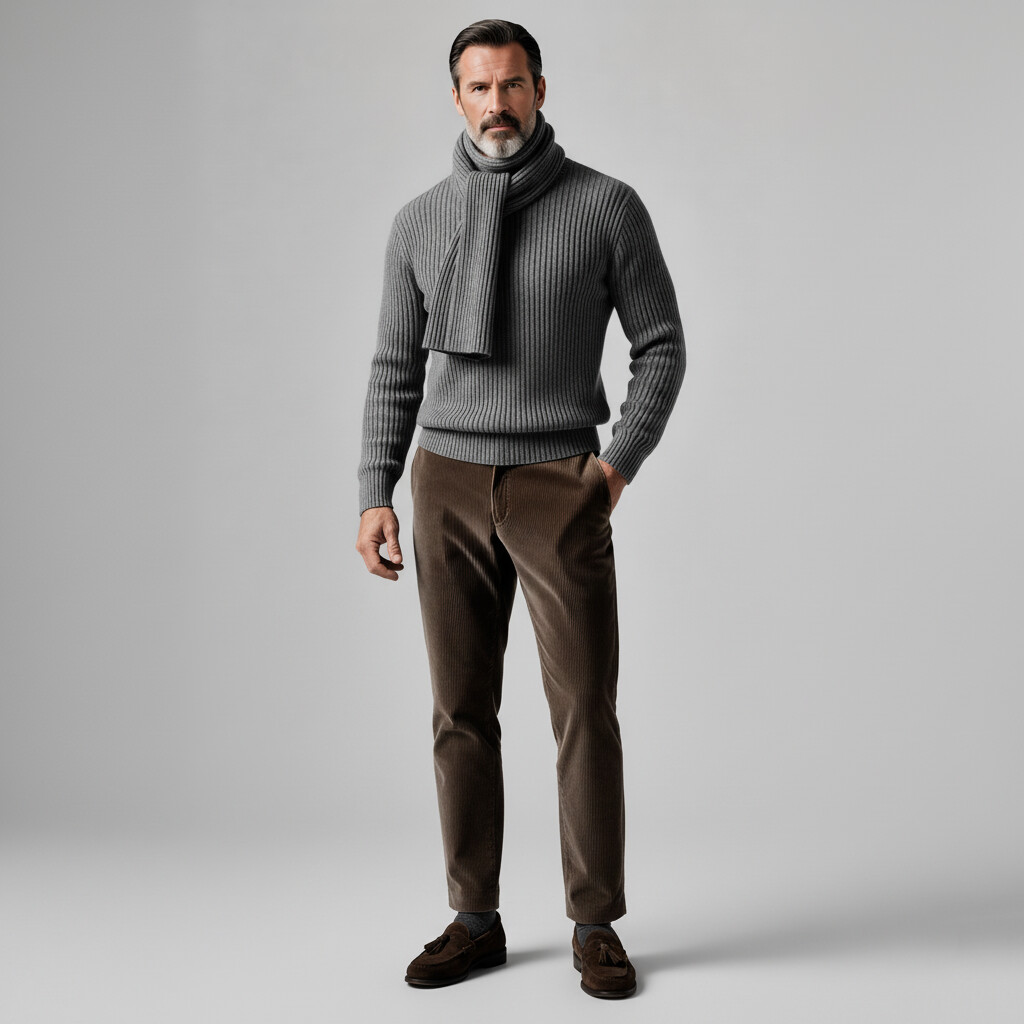 Men's Gray Ribbed Knit Long Sleeve High Neck Integrated Scarf Sweater