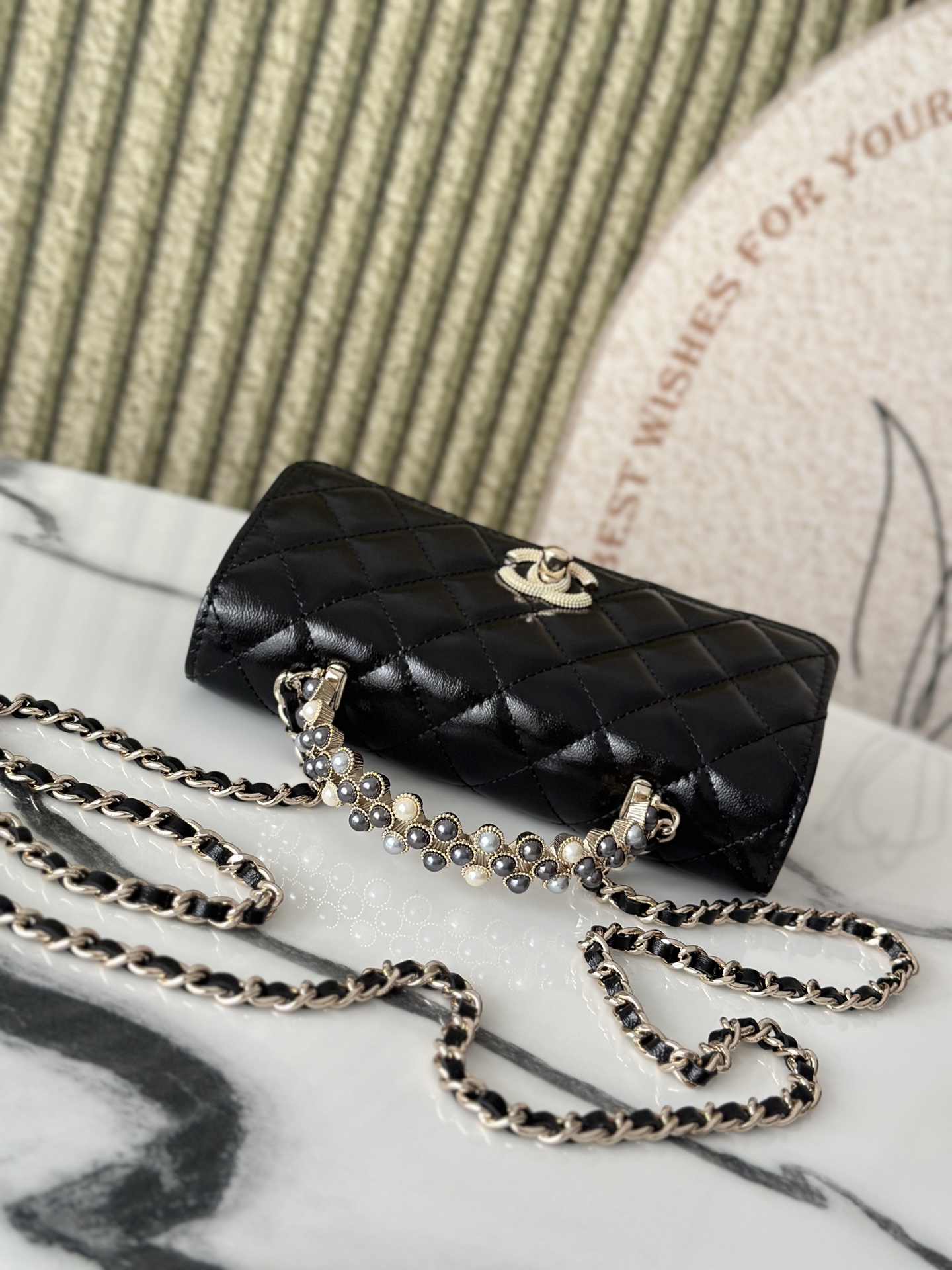 26C Black Shiny Calfskin Quilted Wallet On Chain (WOC) with Imitation Pearl & Crystal Handle - Mocuir